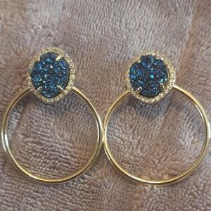 Blue Druzy & Faux Gold Hoop Earrings - Women's Jewelry